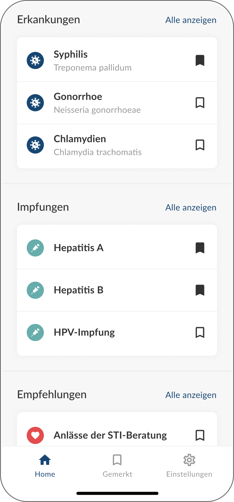Homescreen der DSTIG-App mit Übersicht zu Erkrankungen, Impfungen und Empfehlungen als strukturierte Karten.